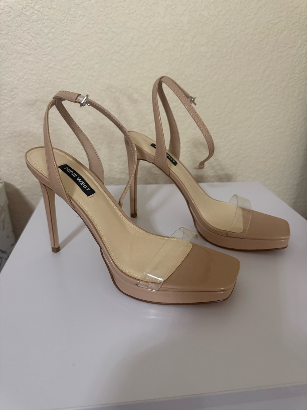Nine West Blush Patent Platform Heeled Sandals with Clear Toe Strap